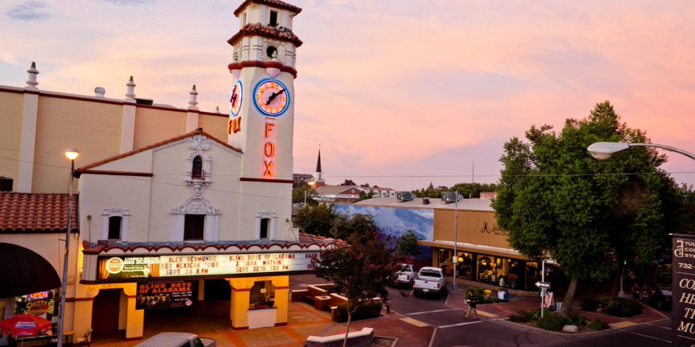 The historic Fox Theatre in downtown Visalia at sunset